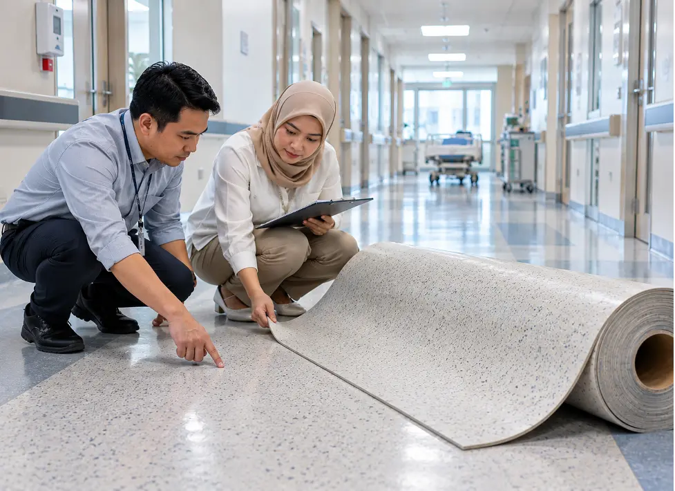Tim pengadaan mengecek roll vinyl lantai hospital di koridor