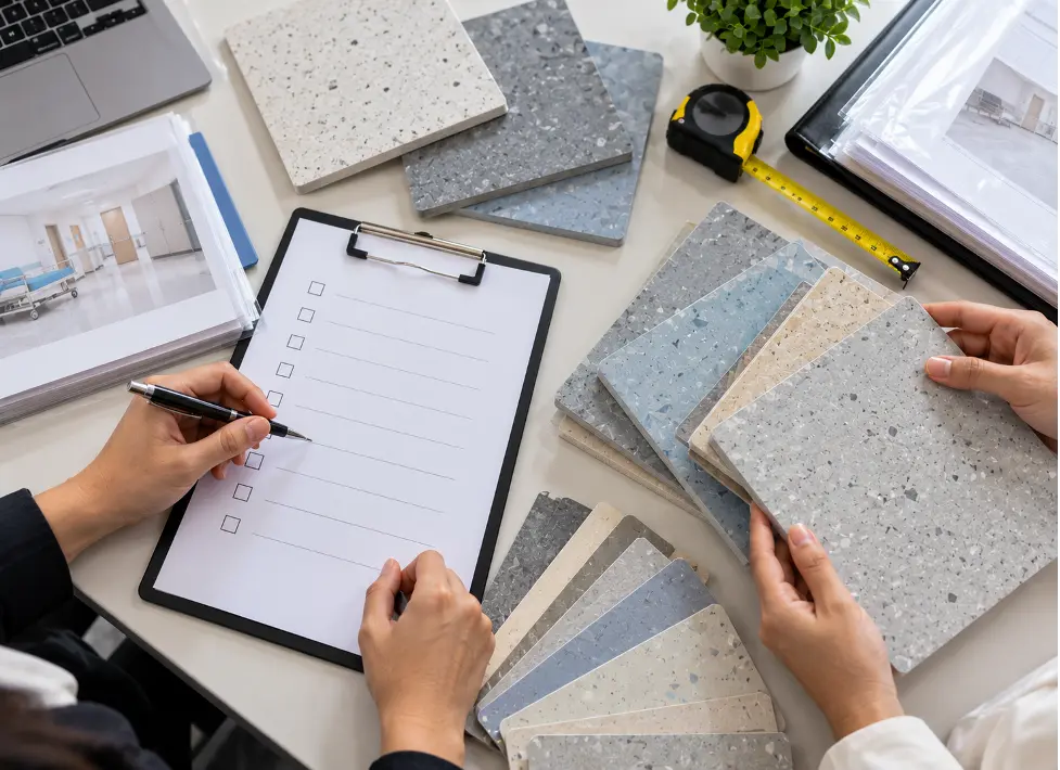 Checklist dan sampel tebal vinyl lantai hospital sebelum PO