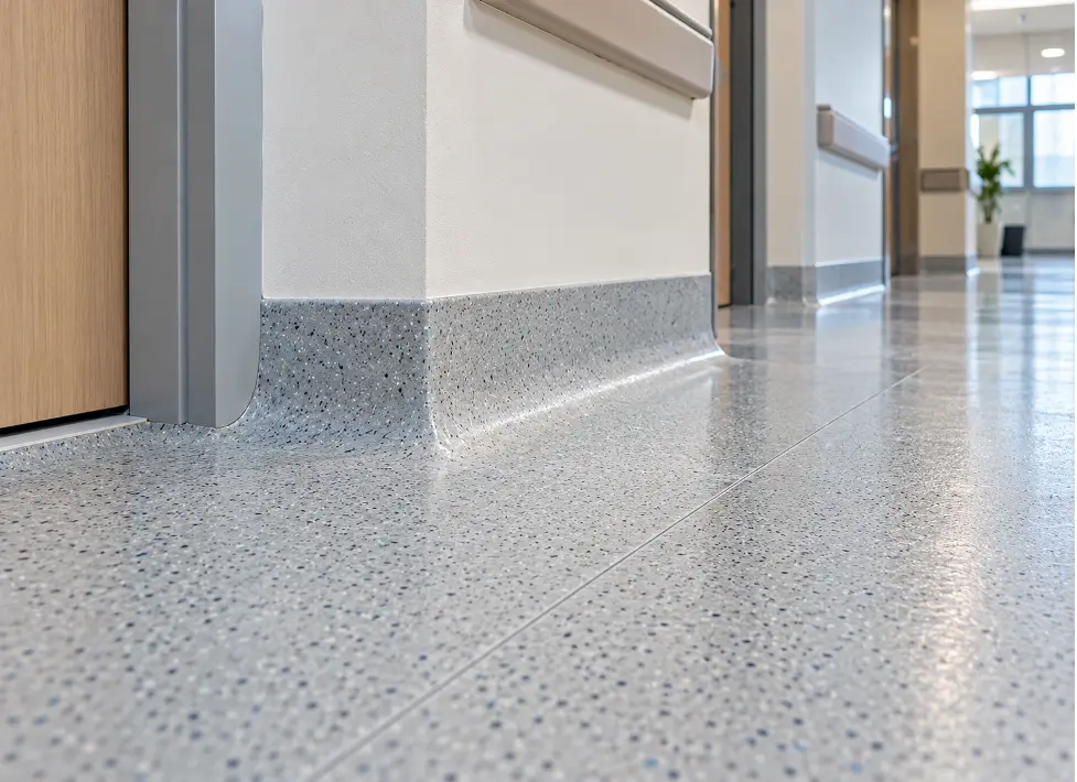Detail sambungan dilas dan coved skirting pada vinyl lantai rumah sakit